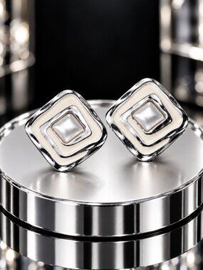 Avon 1992 Tones of White Faux Pearl Silver Enamel Square Swirl Pierced Earrings
